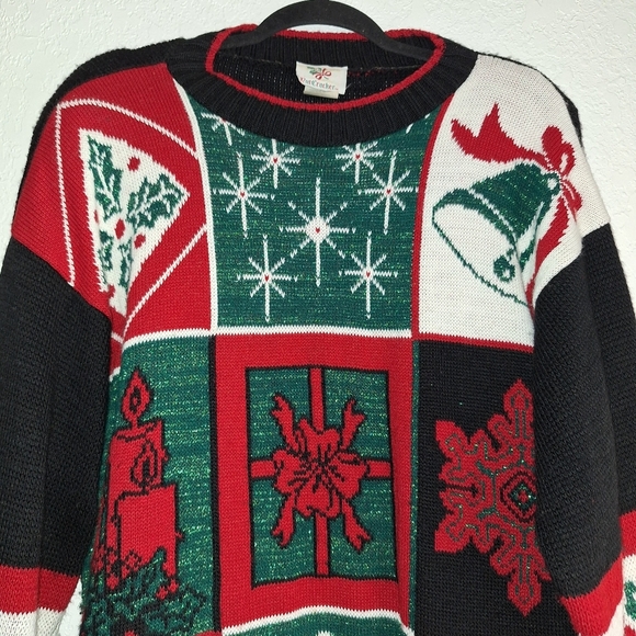 Vtg Nutcracker Ugly Christmas Sweater Tree Presents Snowflake Bell Sz L *Stain - Picture 3 of 10